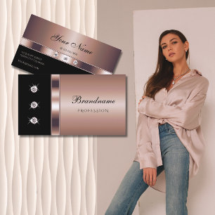 Carte De Visite Luxueux or Rose sur noir avec Faux Rhinestones