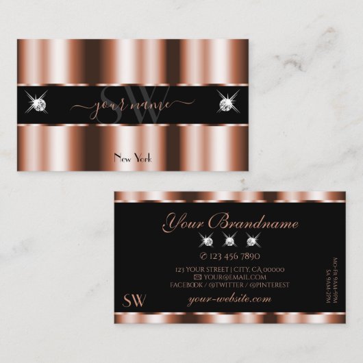 Carte De Visite Luxueux Rose Gold Black Sparkle Bijoux Initiales (Devant / Derrière)