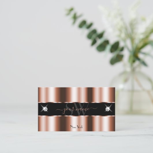 Carte De Visite Luxueux Rose Gold Black Sparkle Bijoux Initiales (Debout devant)