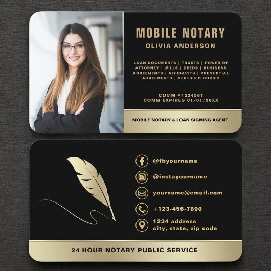 Carte De Visite Luxury Black and Gold Notary Public