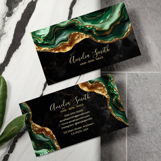 Carte De Visite Luxury Black & Emerald Green Marble with Gold Glit