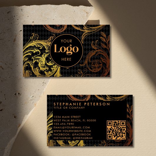 Carte De Visite Luxury Black & Gold Baroque Custom Logo QR Code