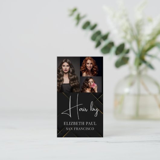 Carte De Visite Luxury Black Gold Glitter lines with Photo Images (Debout devant)