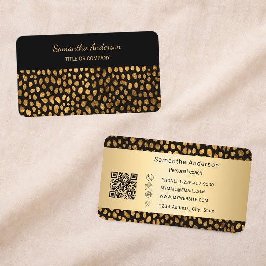 Carte De Visite Luxury Black Gold Leopard Print QR Code