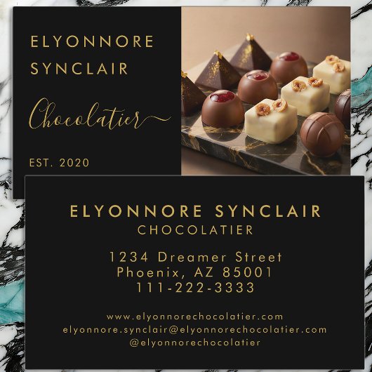 Carte De Visite Luxury Black Gold Script Chocolatier Photo