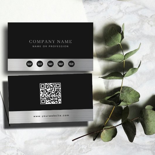 Carte De Visite Luxury Black Silver Company Social Media & QR Code