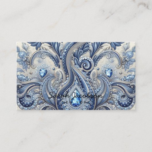 Carte De Visite Luxury Blue and White Paisley Diamond (Devant)