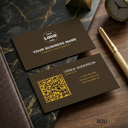 Carte De Visite Luxury Dark Brown Textured QR Code Minimal Gold 