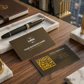 Carte De Visite Luxury Dark Brown Textured QR Code Minimal Gold 