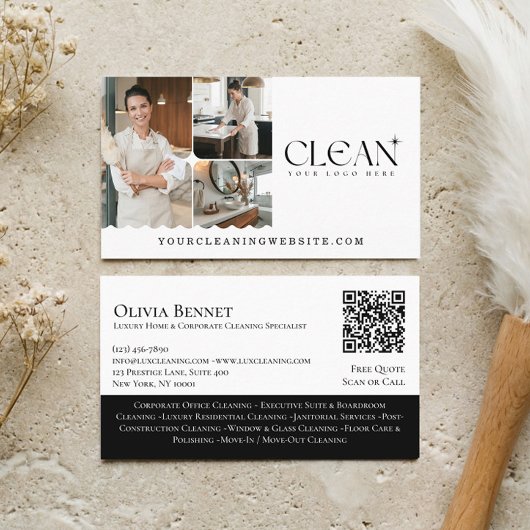 Carte De Visite Luxury Elegant Maid House Cleaning Photo QR Code