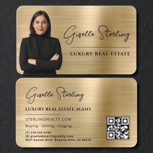 Carte De Visite Luxury Faux Gold Metallic Realtor Photo QR Code