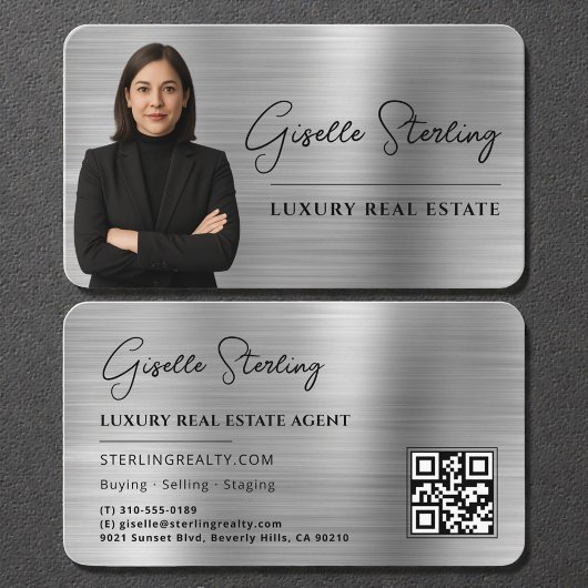 Carte De Visite Luxury Faux Silver Metallic Realtor Photo QR Code
