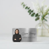Carte De Visite Luxury Faux Silver Metallic Realtor Photo QR Code (Debout devant)