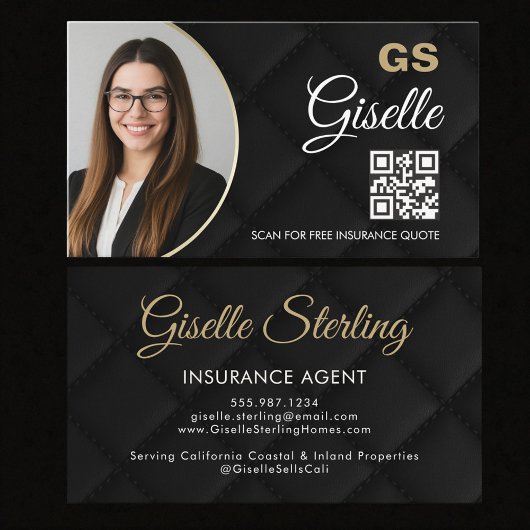 Carte De Visite Luxury Insurance Agent Black Photo QR Code