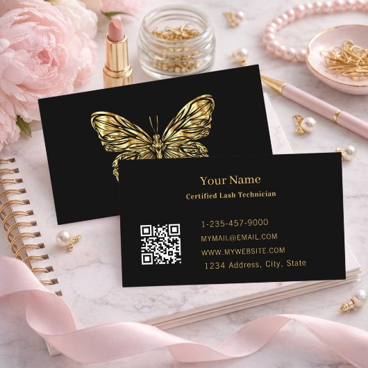 Carte De Visite Luxury Lash Tech Black Gold Butterfly QR Code