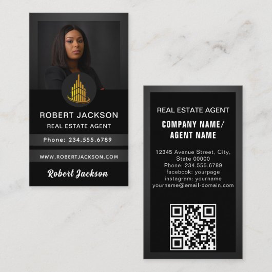 Carte De Visite Luxury Modern add Photo Real Estate Agent Black (Devant / Derrière)
