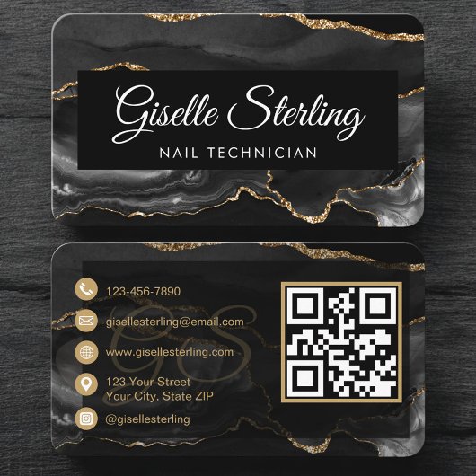 Carte De Visite Luxury Nail Technician Black Gold QR Code