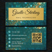 Carte De Visite Luxury Nail Technician Gold Teal Glitter QR Code