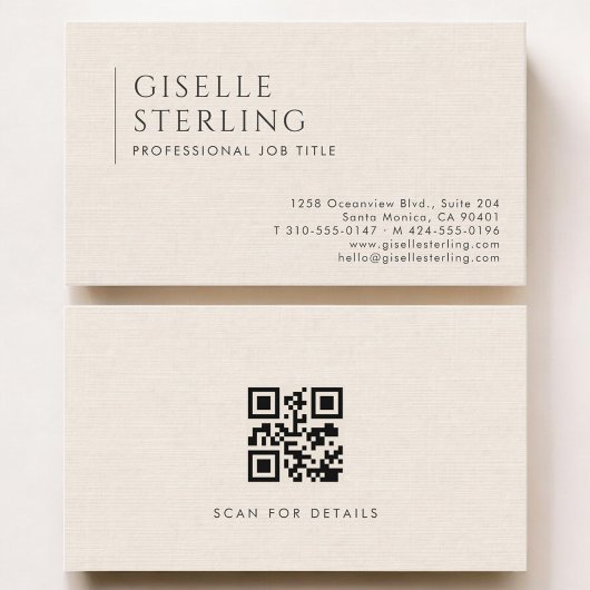 Carte De Visite Luxury Natural Ivory Linen QR Code