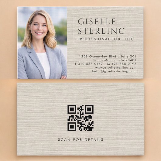 Carte De Visite Luxury Neutral Linen Photo QR Code
