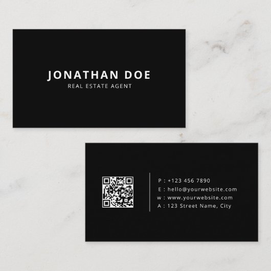 Carte De Visite Luxury Real Estate Agent Elegant Black QR Code  (Devant / Derrière)