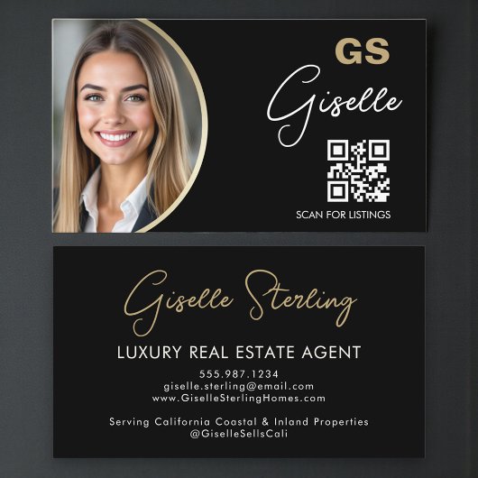 Carte De Visite Luxury Real Estate Agent QR Code Black Gold Photo 