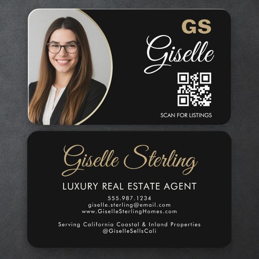 Carte De Visite Luxury Real Estate Agent QR Code Black Gold Photo 