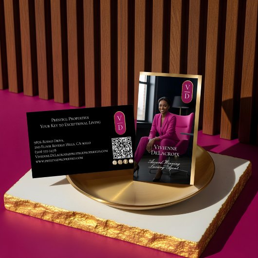 Carte De Visite Luxury Real Estate Black Gold Pink Photo Monogram