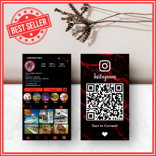 Carte De Visite LUXURY Rouge et noir Instagram marbre Agate QR