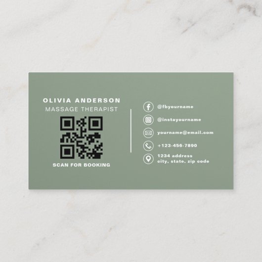 Carte De Visite Luxury Sage Green Massage Therapist QR Code  (Dos)