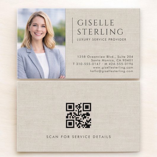 Carte De Visite Luxury Service Provider Linen Photo QR Code