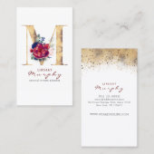 Carte De Visite M Monogram Burgundy Gold et Navy Blue Floral (Devant / Derrière)