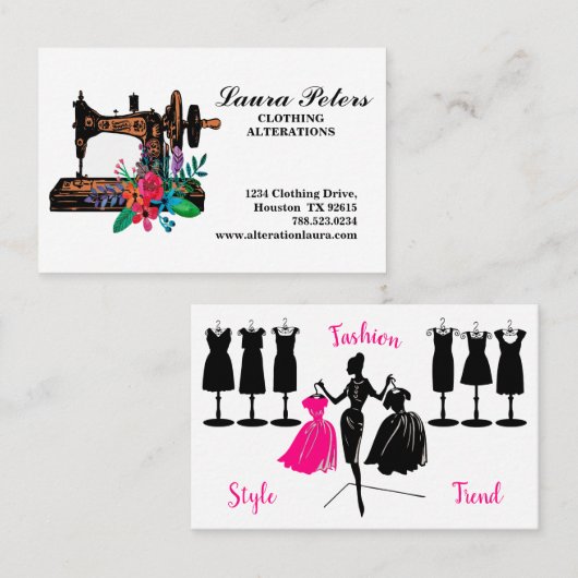 Carte De Visite Machine à coudre Avec Fleurs Vêtements Altération (Devant / Derrière)
