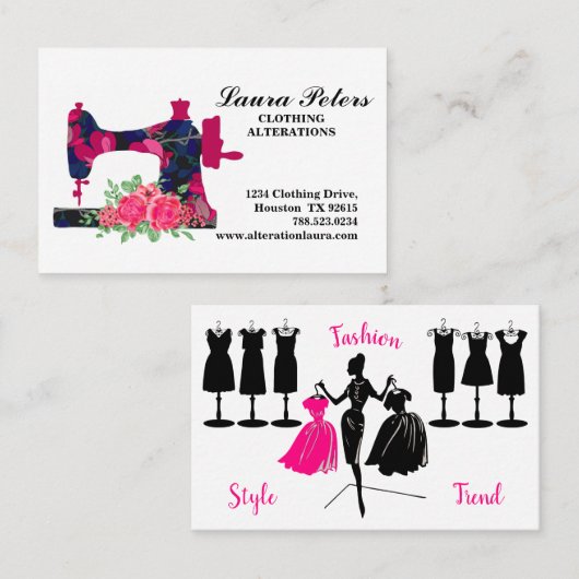 Carte De Visite Machine à coudre Fleurs Roses Vêtements Altération (Devant / Derrière)