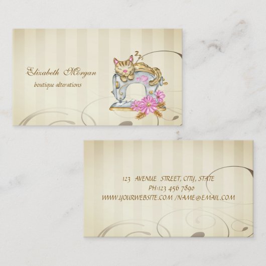 Carte De Visite Machine à coudre florale Chat (Devant / Derrière)