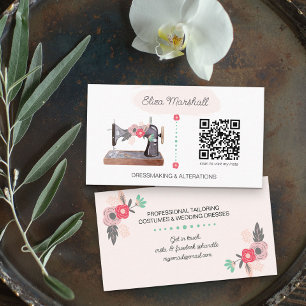 Carte De Visite Machine à coudre vintage et code QR Boho floral