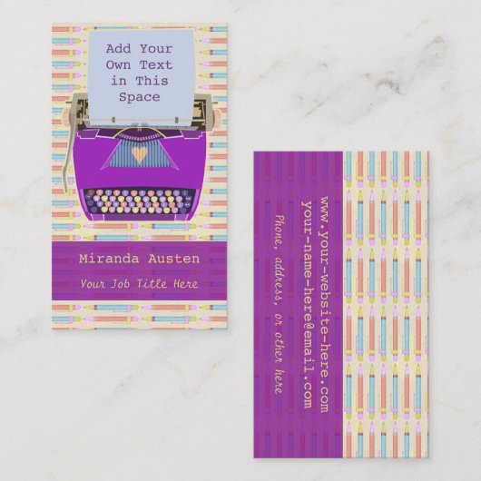 Carte De Visite Machine à écrire pourpre d'auteur d'auteur rétro (Devant / Derrière)