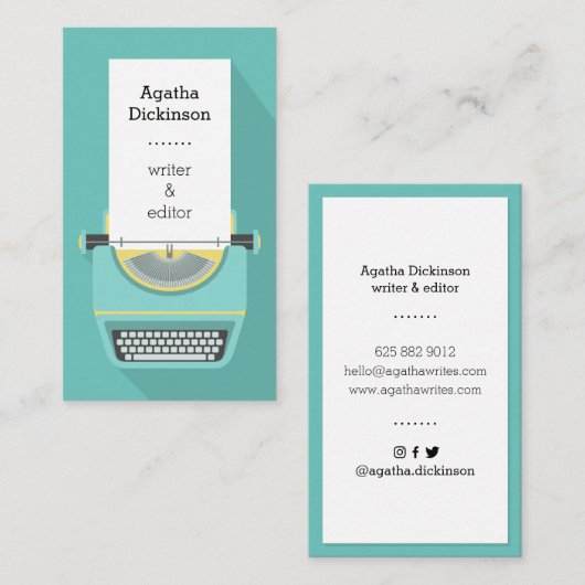 Carte De Visite Machine à écrire professionnelle turquoise jaune r (Devant / Derrière)