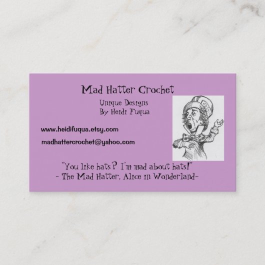 Carte De Visite madhatter, crochet fou de chapelier, conceptions (Devant)