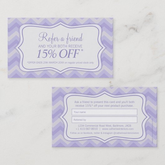 Carte De Visite Magasin de mode de beauté zigzag violet référer un (Devant / Derrière)