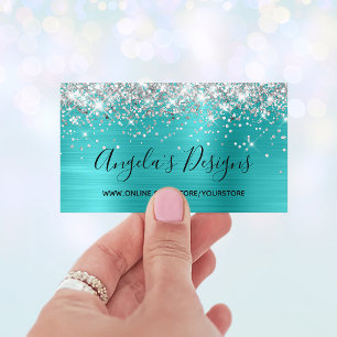 Carte De Visite Magasin en ligne de paillettes argentées bleu turq