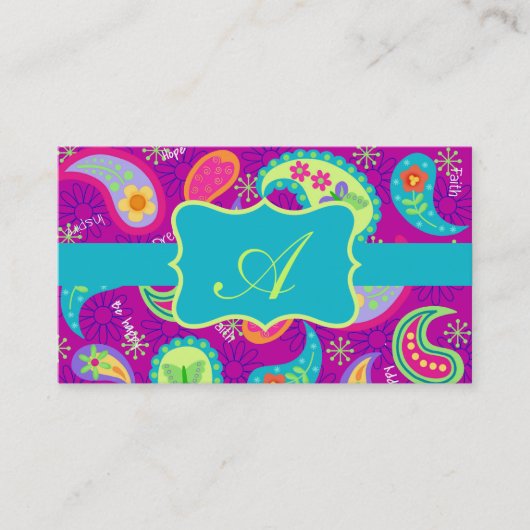Carte De Visite Magenta Purple Turquoise Moderne Paisley Monogramm (Devant)