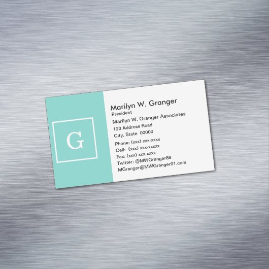 Carte De Visite Magnétique Aqua Turquoise White Framed Initial Monogram (In Situ)