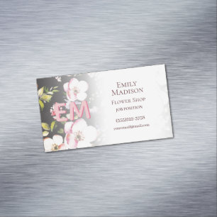 Carte De Visite Magnétique Aquarelle rose Roses jaunes sur noir, Monogramme