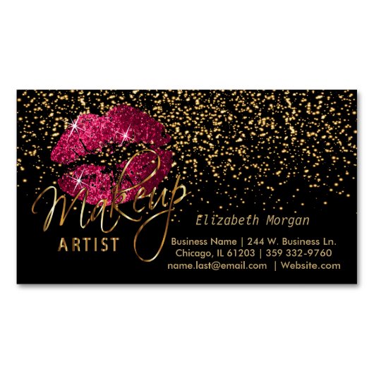 Carte De Visite Magnétique Artiste de maquillage avec Confetti Or & Lèvres ro (devant)