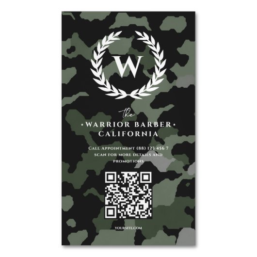 Carte De Visite Magnétique Barbier moderne Monogram Camouflage Barbier (devant Vertical)