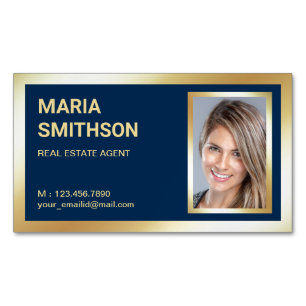 Carte De Visite Magnétique Bleu marine feuille d'or Photo d'agent immobilier 
