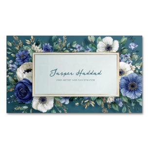 Carte De Visite Magnétique Cadre élégant bleu marine blanc floral sarcelle do