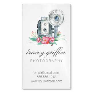 Carte De Visite Magnétique Caméra vintage aquarelle et fleurs