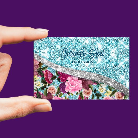 Carte De Visite Magnétique Chic floral glittery aqua violet argent monogramme